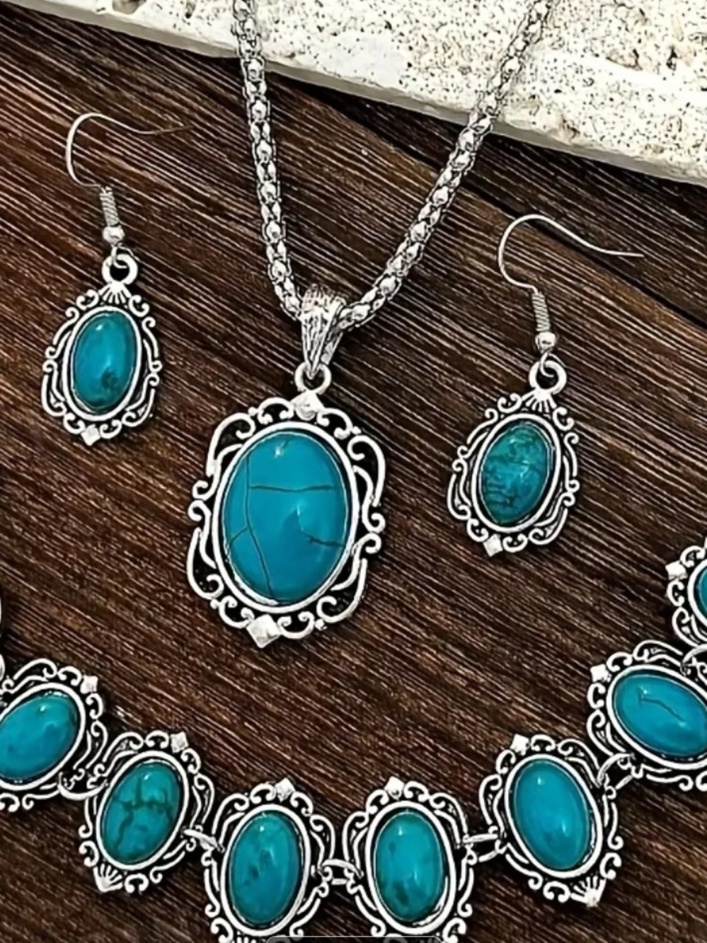 Turquoise Oval Stone Pendant Necklace Bracelet and Earrings Set